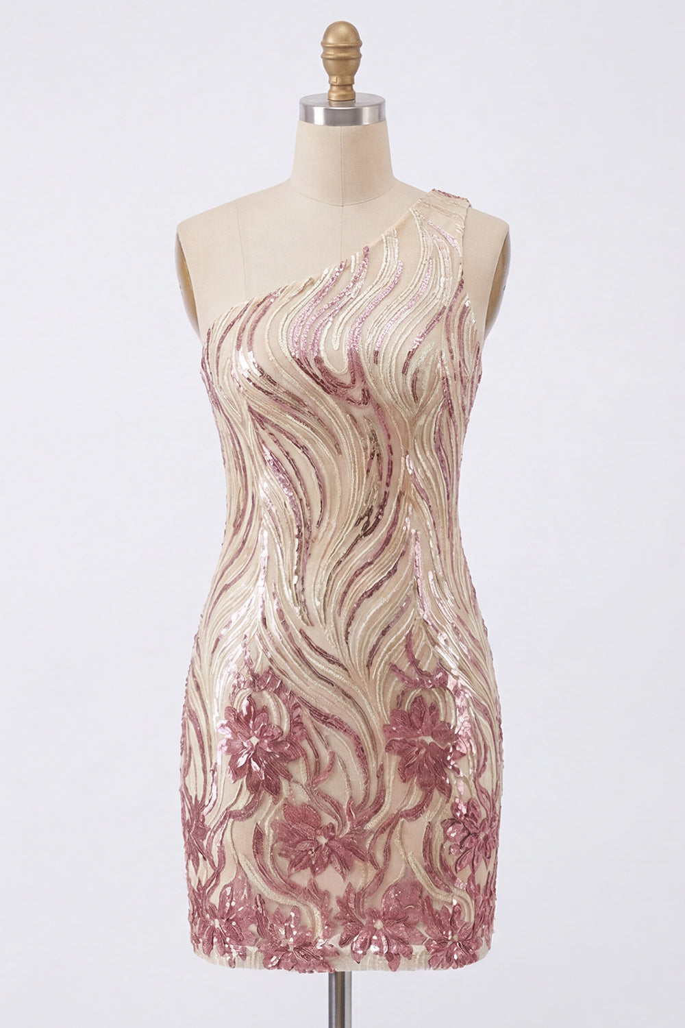 Sparkly Gold and Pink Floral Tight Short Sequin Homecoming Dress