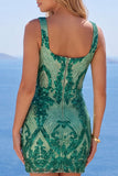 Sparkly Dark Green Tight Short Sequin Square Neck Homecoming Dress