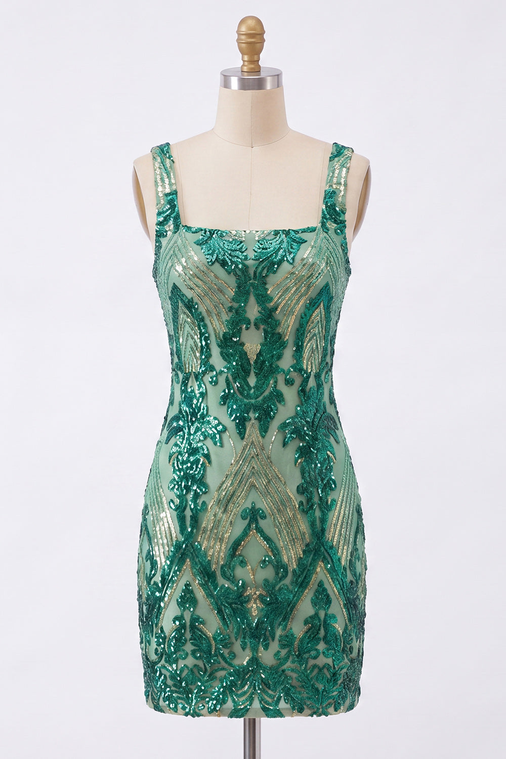 Sparkly Dark Green Tight Short Sequin Square Neck Homecoming Dress