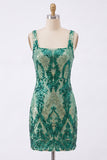 Sparkly Dark Green Tight Short Sequin Square Neck Homecoming Dress