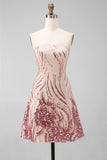 Sparkly Gold and Pink Floral Short Strapless Sequin Homecoming Dress