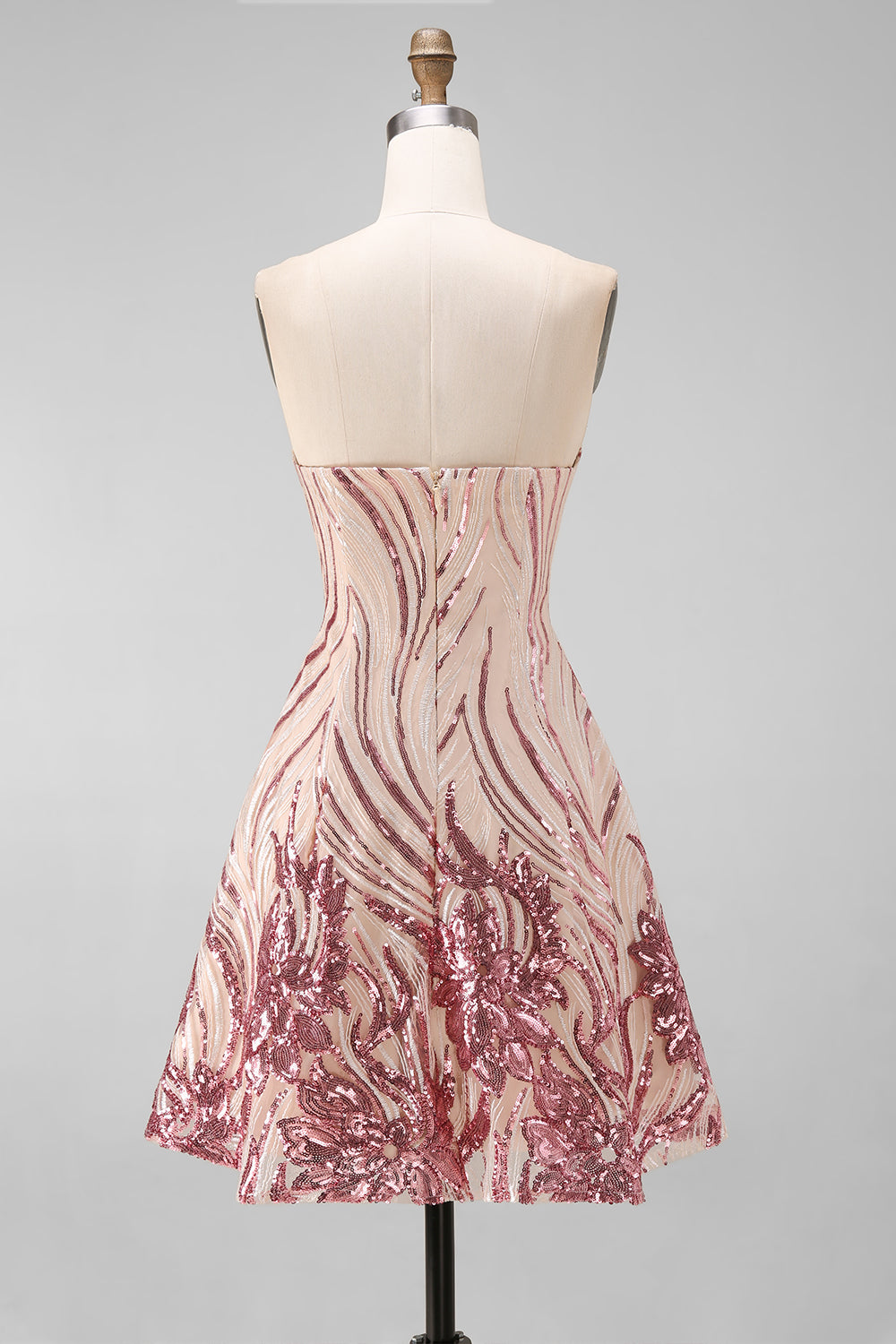 Sparkly Gold and Pink Floral Short Strapless Sequin Homecoming Dress