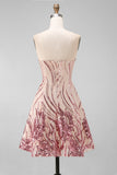Sparkly Gold and Pink Floral Short Strapless Sequin Homecoming Dress