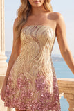 Sparkly Gold and Pink Floral Short Strapless Sequin Homecoming Dress
