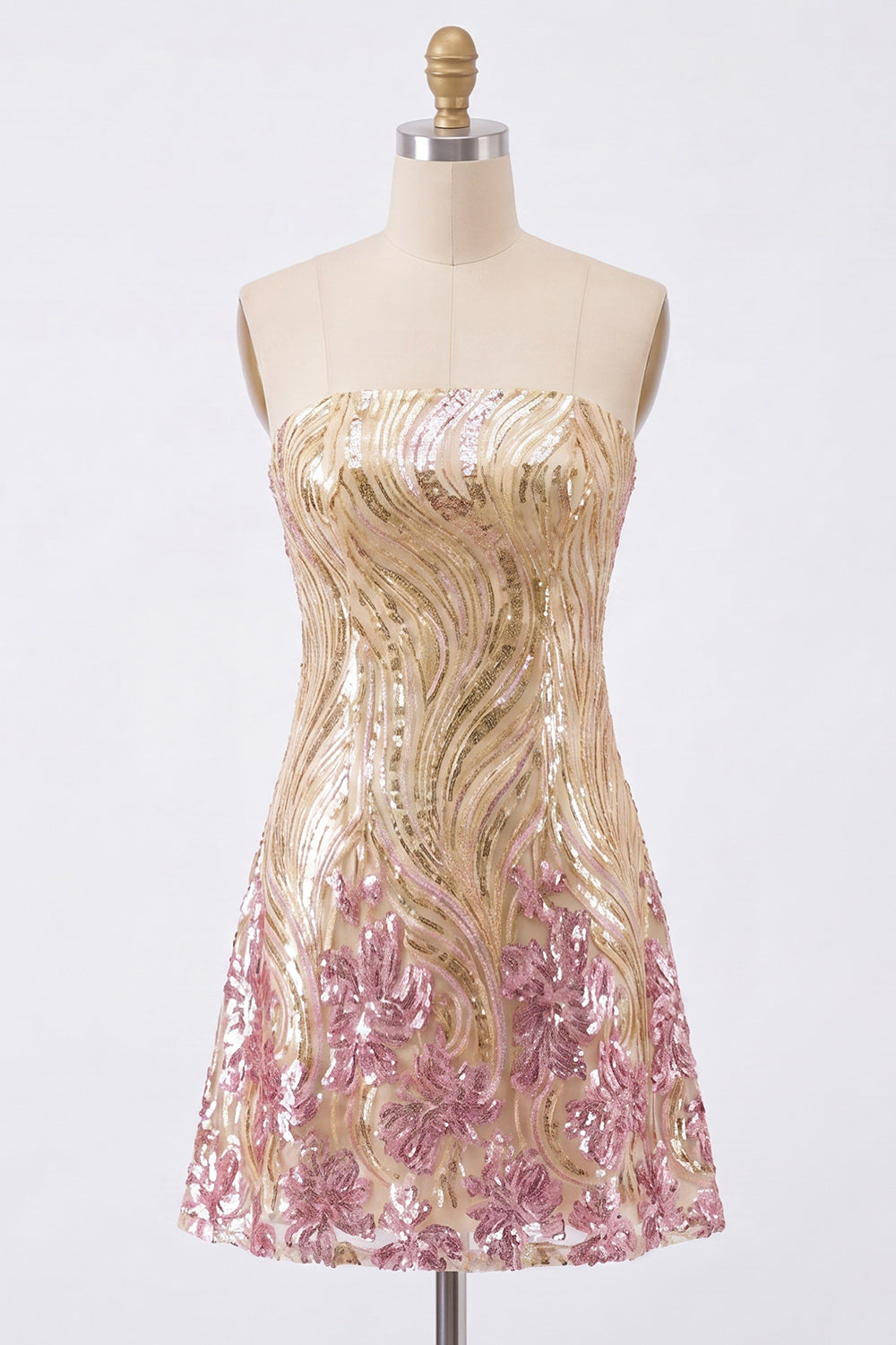 Sparkly Gold and Pink Floral Short Strapless Sequin Homecoming Dress