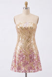Sparkly Gold and Pink Floral Short Strapless Sequin Homecoming Dress