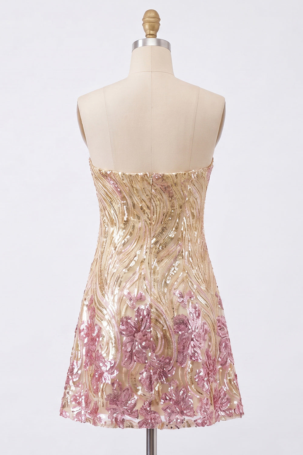 Sparkly Gold and Pink Floral Short Strapless Sequin Homecoming Dress