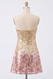 Sparkly Gold and Pink Floral Short Strapless Sequin Homecoming Dress