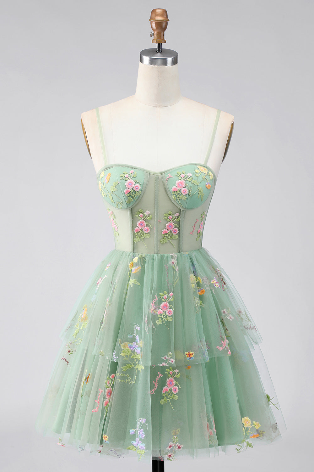 Dusty Sage Floral Corset Short A Line Homecoming Dress with Ruffles