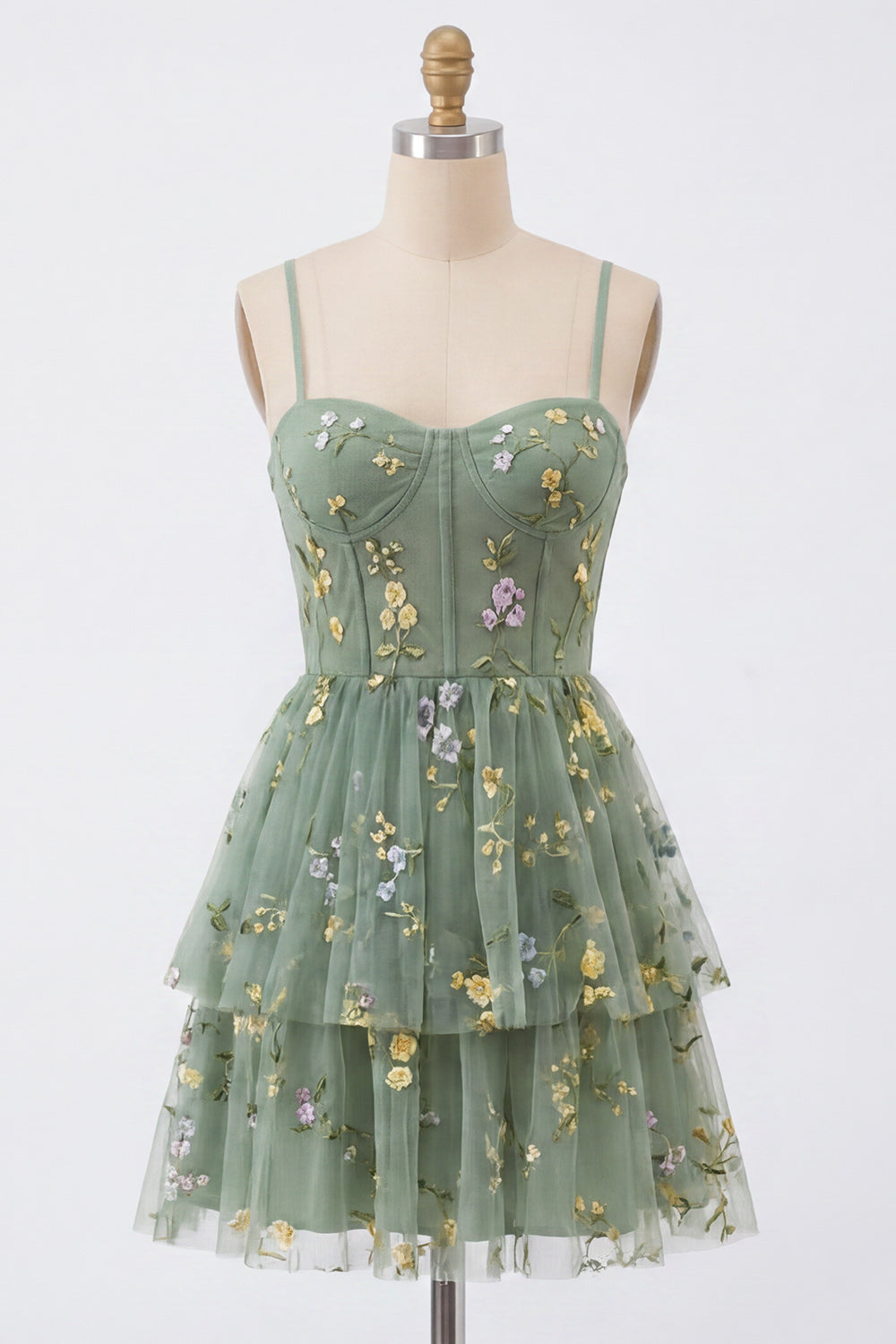 Dusty Sage Floral Corset Short A Line Homecoming Dress with Ruffles