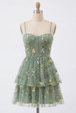 Dusty Sage Floral Corset Short A Line Homecoming Dress with Ruffles