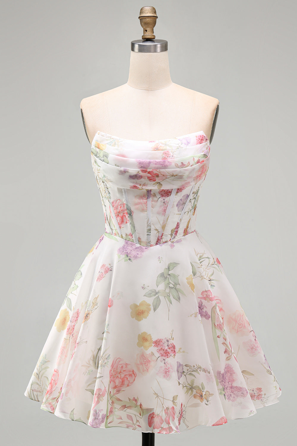 Ivory Floral Corset Short Strapless A Line Homecoming Dress