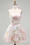 Ivory Floral Corset Short Strapless A Line Homecoming Dress