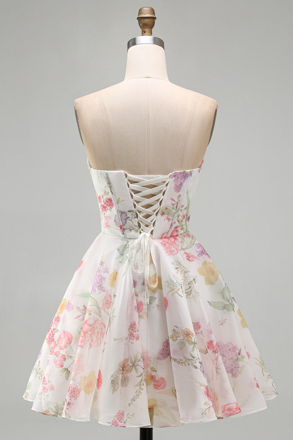Ivory Floral Corset Short Strapless A Line Homecoming Dress