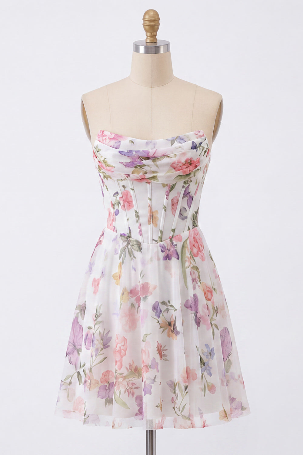 Ivory Floral Corset Short Strapless A Line Homecoming Dress