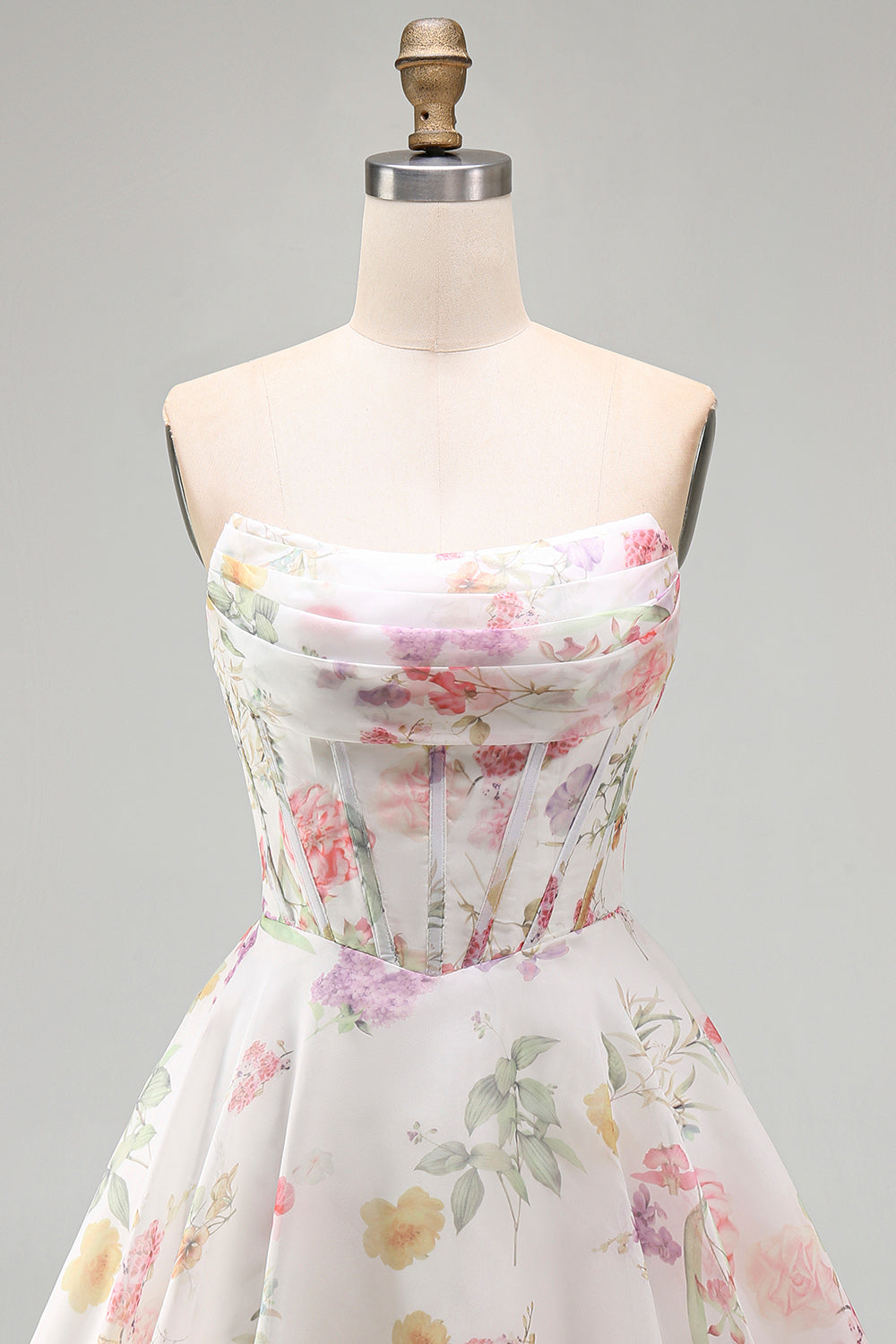 Ivory Floral Corset Short Strapless A Line Homecoming Dress