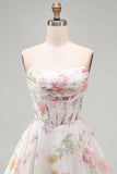 Ivory Floral Corset Short Strapless A Line Homecoming Dress