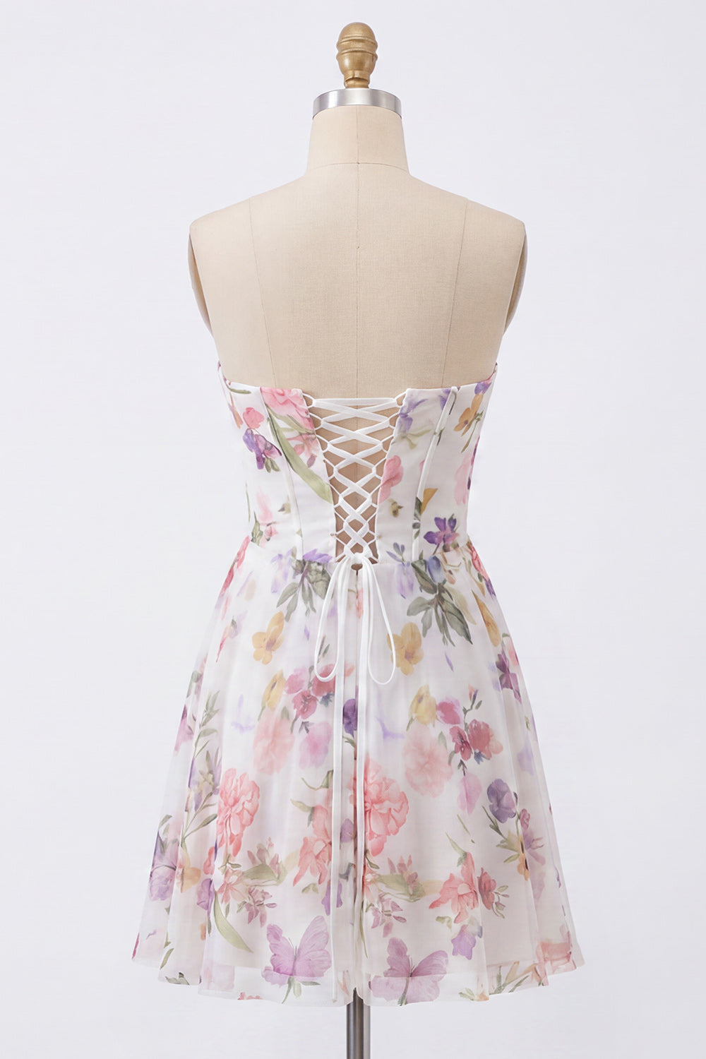 Ivory Floral Corset Short Strapless A Line Homecoming Dress