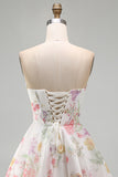 Ivory Floral Corset Short Strapless A Line Homecoming Dress