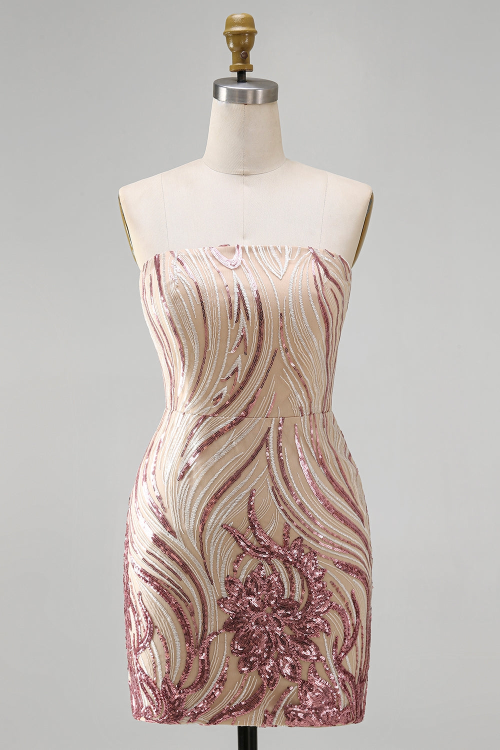 Sparkly Gold and Pink Floral Tight Short Strapless Sequin Homecoming Dress