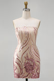 Sparkly Gold and Pink Floral Tight Short Strapless Sequin Homecoming Dress
