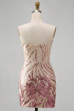 Sparkly Gold and Pink Floral Tight Short Strapless Sequin Homecoming Dress