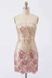 Sparkly Gold and Pink Floral Tight Short Strapless Sequin Homecoming Dress