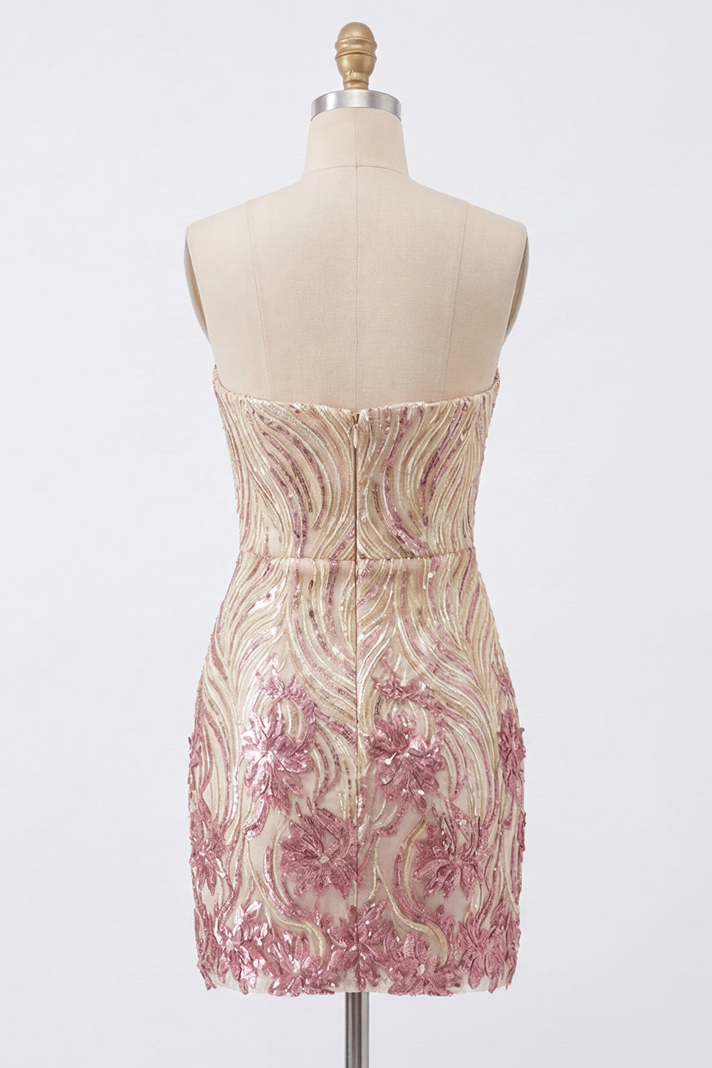 Sparkly Gold and Pink Floral Tight Short Strapless Sequin Homecoming Dress