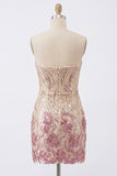 Sparkly Gold and Pink Floral Tight Short Strapless Sequin Homecoming Dress