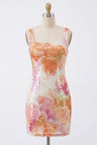 Sparkly Orange Floral Tight Short Sequin Square Neck Homecoming Dress