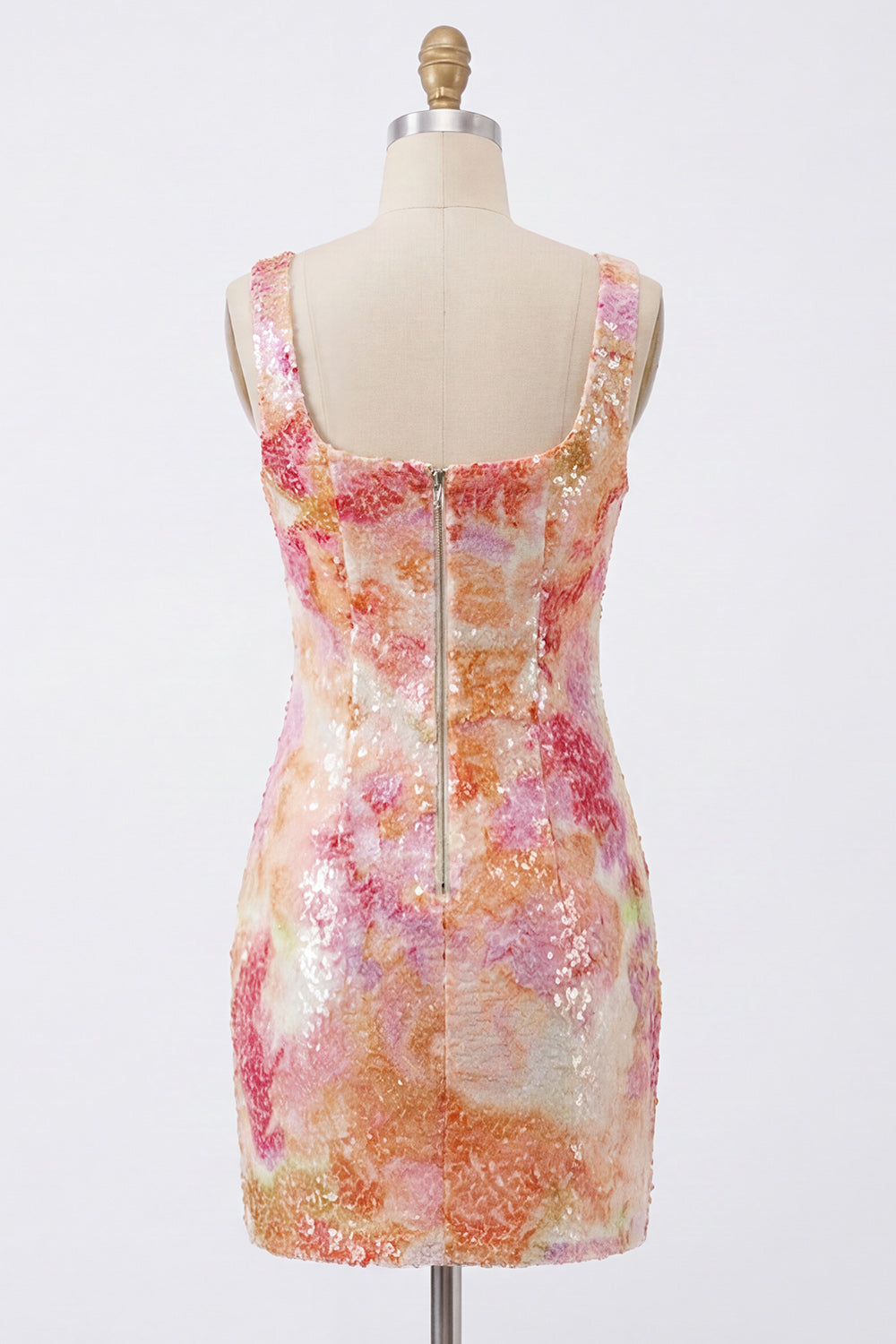 Sparkly Orange Floral Tight Short Sequin Square Neck Homecoming Dress