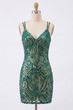 Sparkly Dark Green Tight Short Sequin V-Neck Homecoming Dress