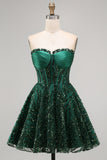 Sparkly Dark Green Corset Short Strapless A Line Homecoming Dress