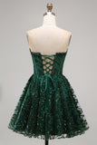 Sparkly Dark Green Corset Short Strapless A Line Homecoming Dress