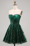 Sparkly Dark Green Corset Short Strapless A Line Homecoming Dress