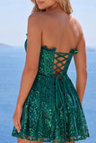 Sparkly Dark Green Corset Short Strapless A Line Homecoming Dress