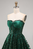 Sparkly Dark Green Corset Short Strapless A Line Homecoming Dress