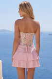Pink Floral Short A Line Homecoming Dress with Ruffles