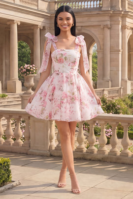White Pink Flower Short A Line Homecoming Dress with Bows