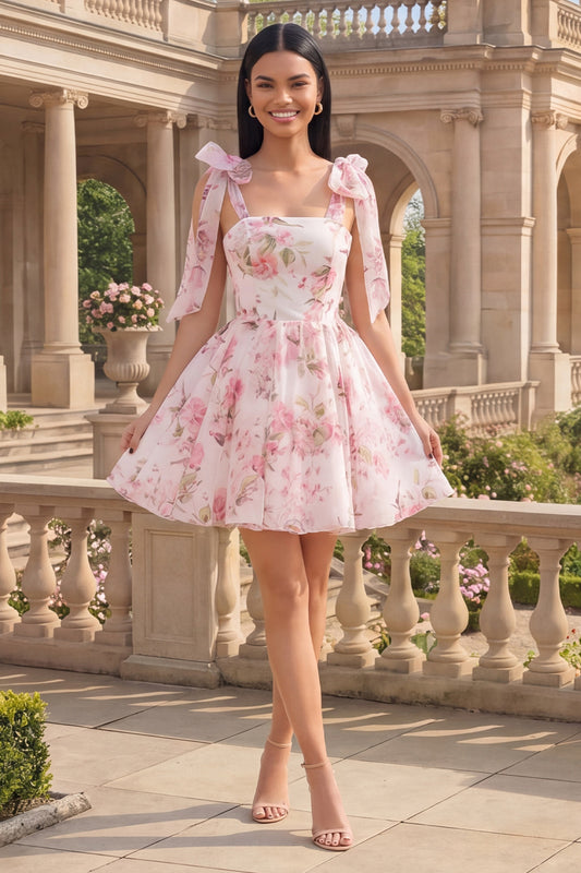 White Pink Flower Short A Line Homecoming Dress with Bows