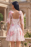 White Pink Flower Short A Line Homecoming Dress with Bows