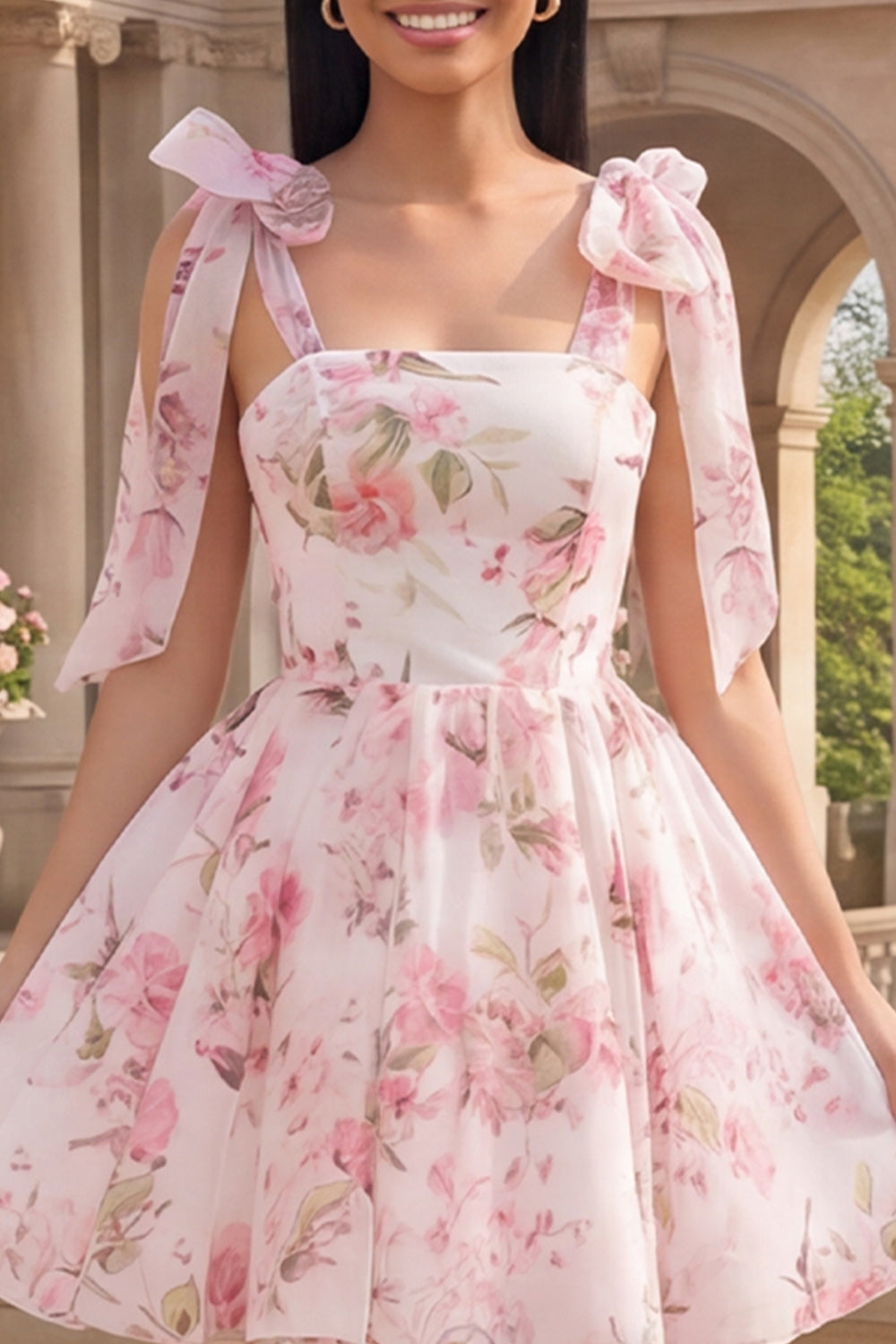 White Pink Flower Short A Line Homecoming Dress with Bows