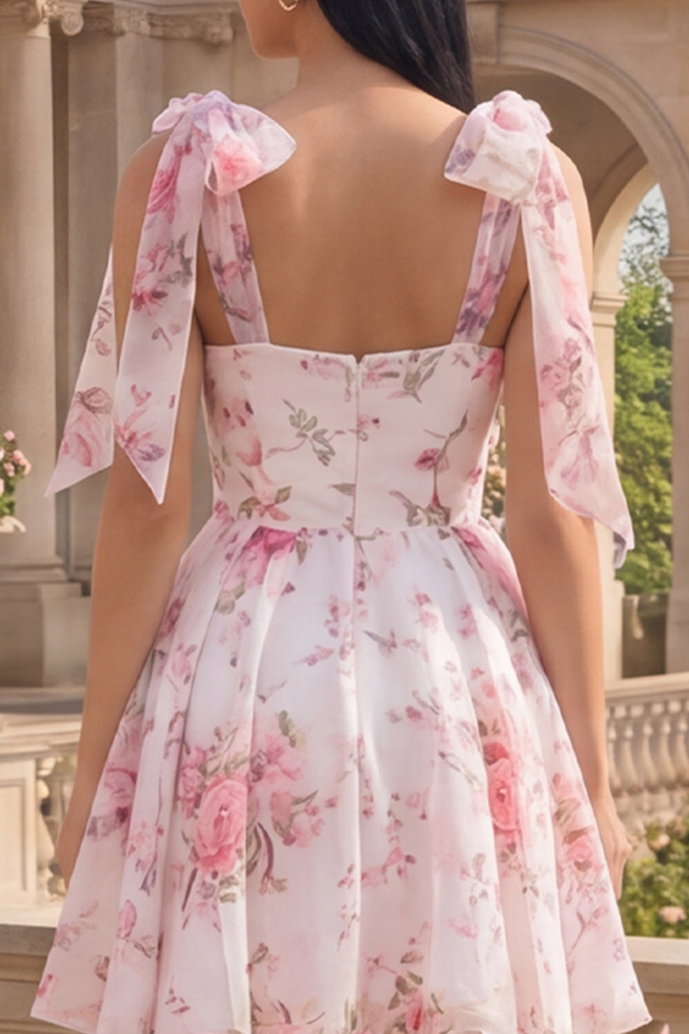 White Pink Flower Short A Line Homecoming Dress with Bows