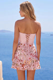 Pink Floral Short Corset Strapless A Line Ruched Homecoming Dress