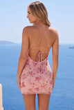 Sparkly Pink Floral Tight Short Ruched Spaghetti Straps Homecoming Dress