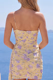 Sparkly Light Yellow Floral Tight Short One Shoulder Homecoming Dress with Sash