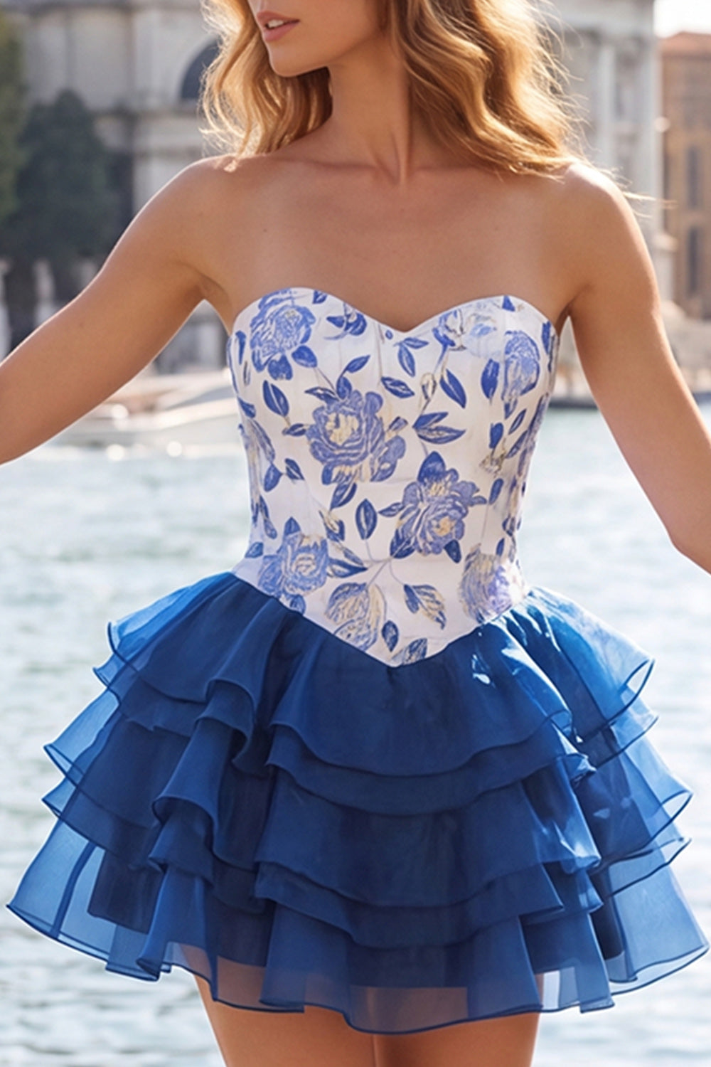 A Line Strapless Short Yellow Floral Homecoming Dress with Ruffles