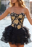 A Line Strapless Short Yellow Floral Homecoming Dress with Ruffles