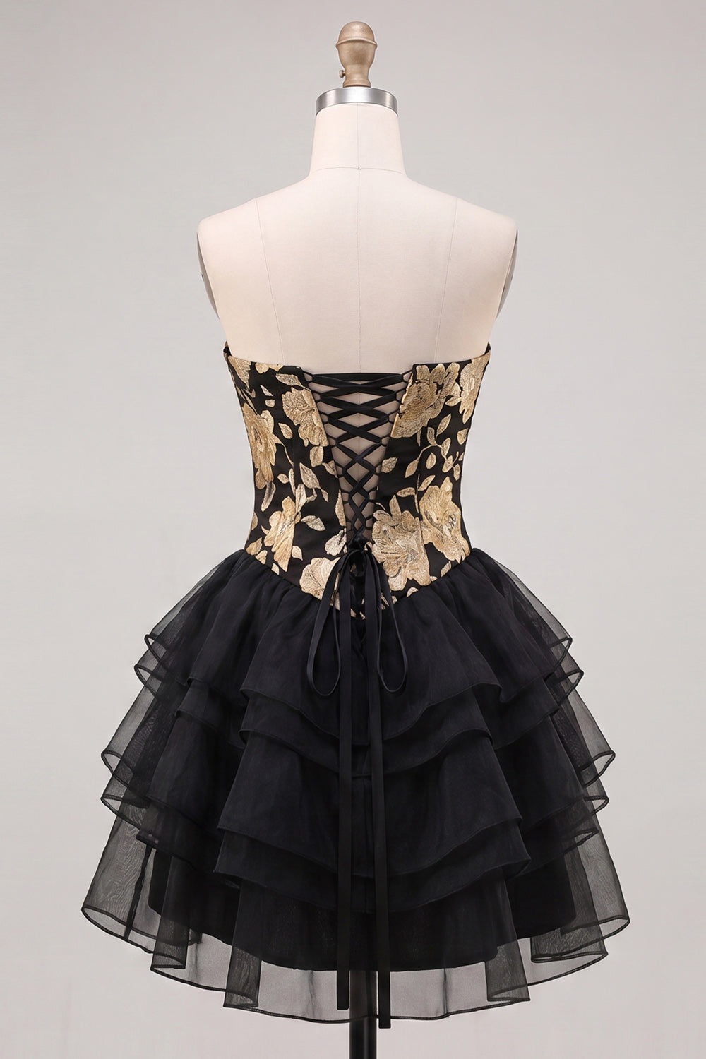 A Line Strapless Short Yellow Floral Homecoming Dress with Ruffles