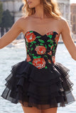 A Line Strapless Short Yellow Floral Homecoming Dress with Ruffles